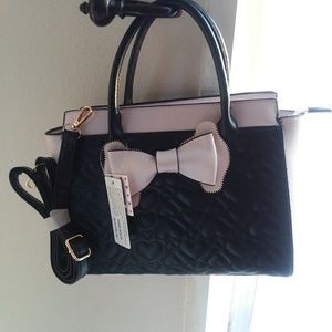 Blush Pink and Black Leather Tote Bag with Bow